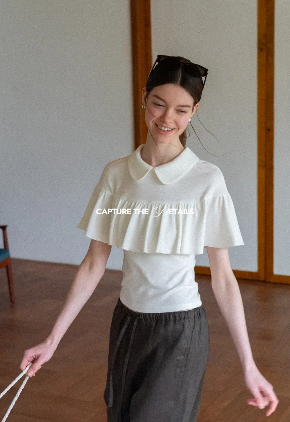 Pleated Collar Short Sleeve T Shirt