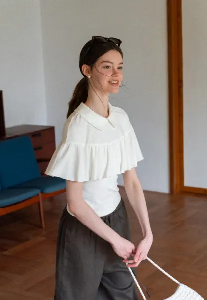 Pleated Collar Short Sleeve T Shirt