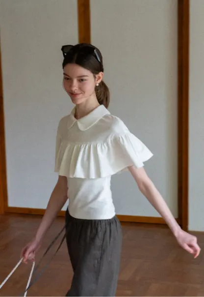 Pleated Collar Short Sleeve T Shirt