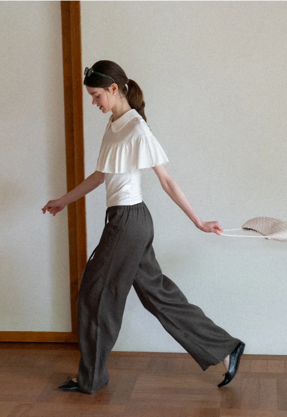 Pleated Collar Short Sleeve T Shirt