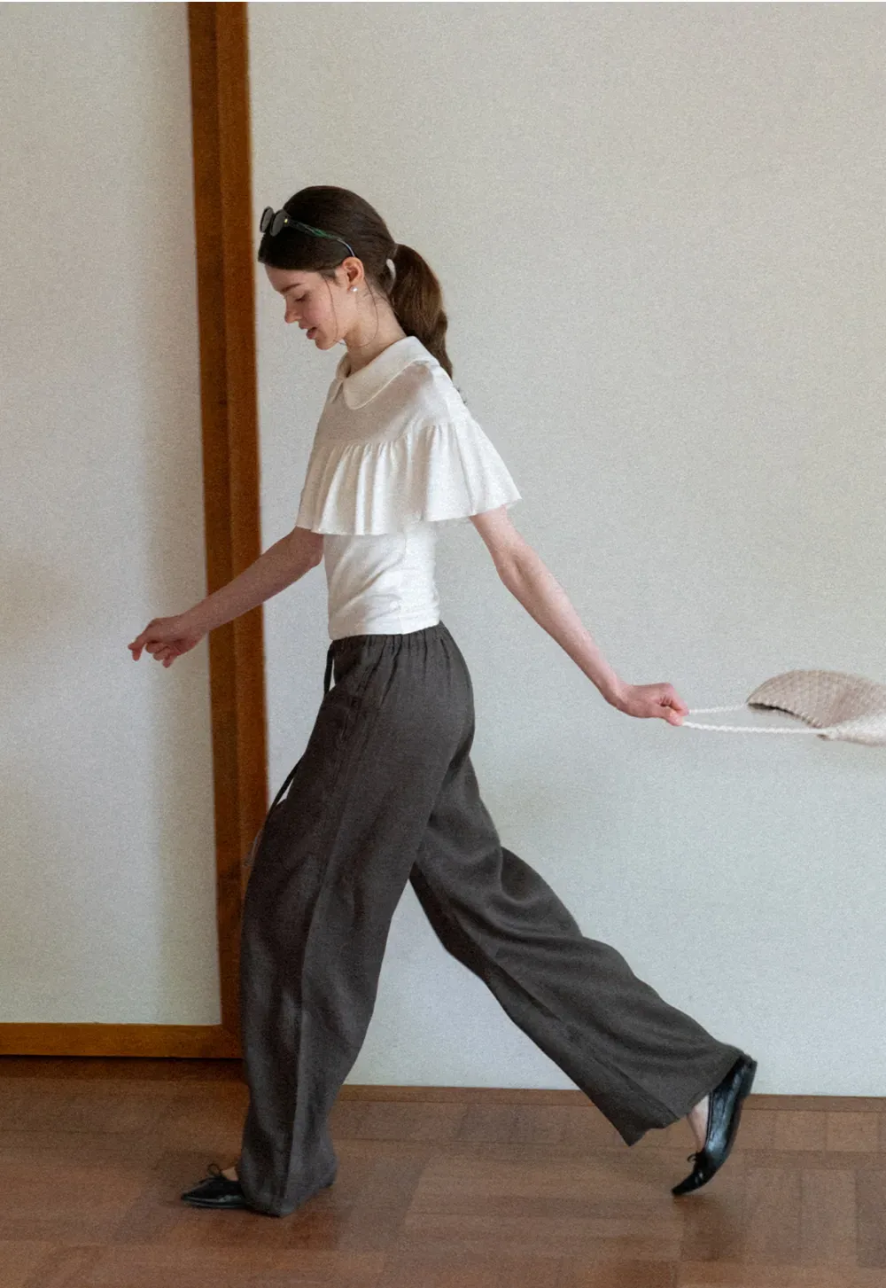 Pleated Collar Short Sleeve T Shirt
