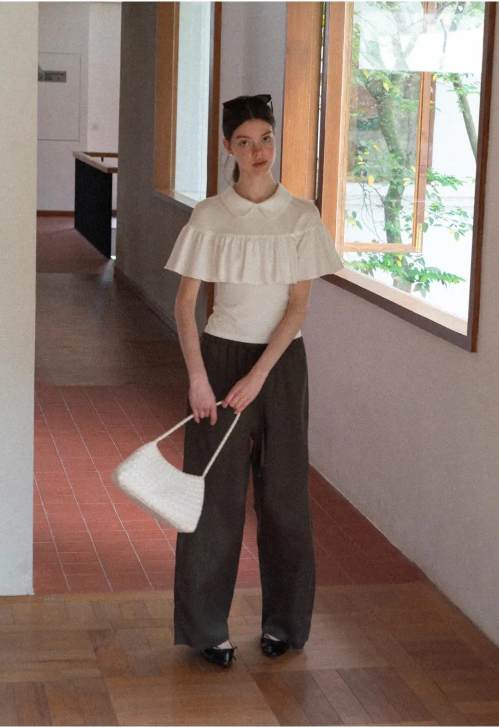 Pleated Collar Short Sleeve T Shirt