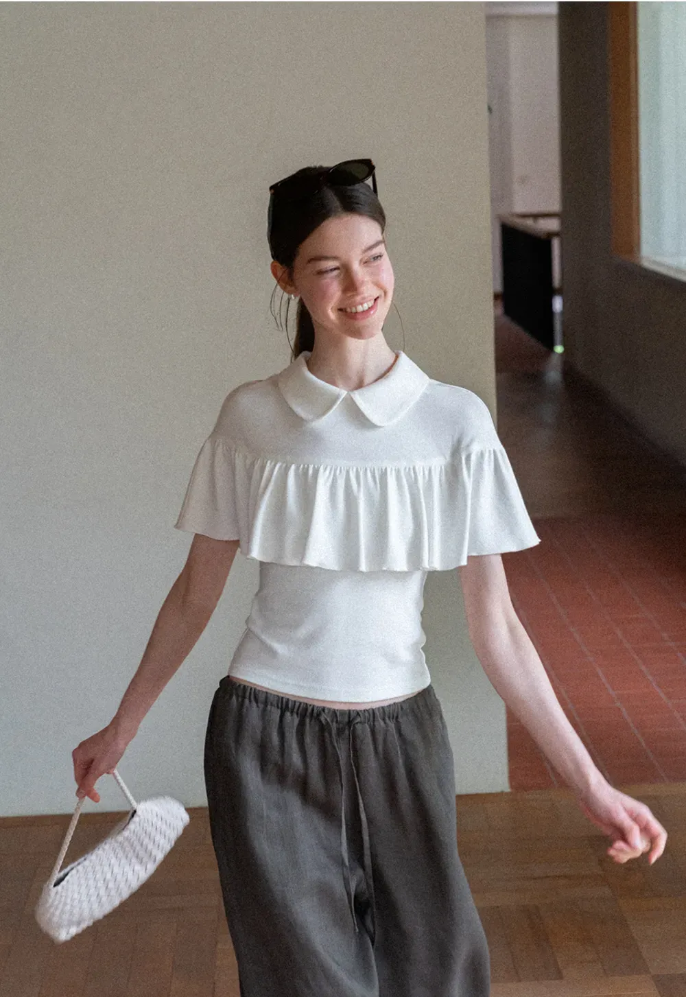 Pleated Collar Short Sleeve T Shirt
