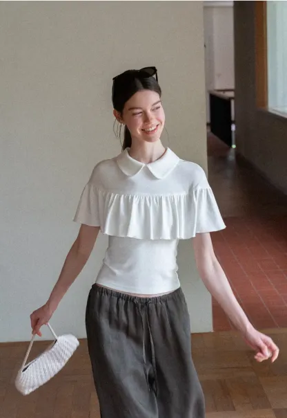 Pleated Collar Short Sleeve T Shirt