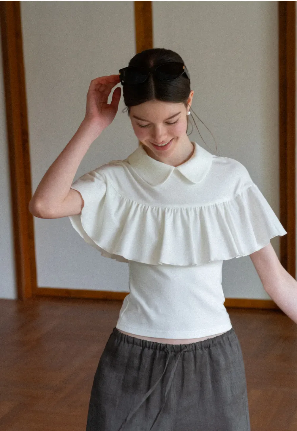 Pleated Collar Short Sleeve T Shirt