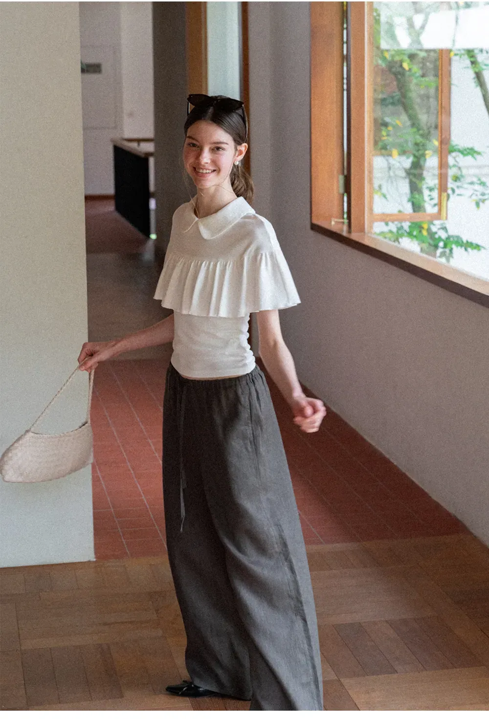 Pleated Collar Short Sleeve T Shirt