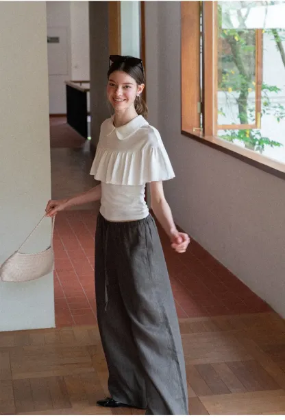 Pleated Collar Short Sleeve T Shirt