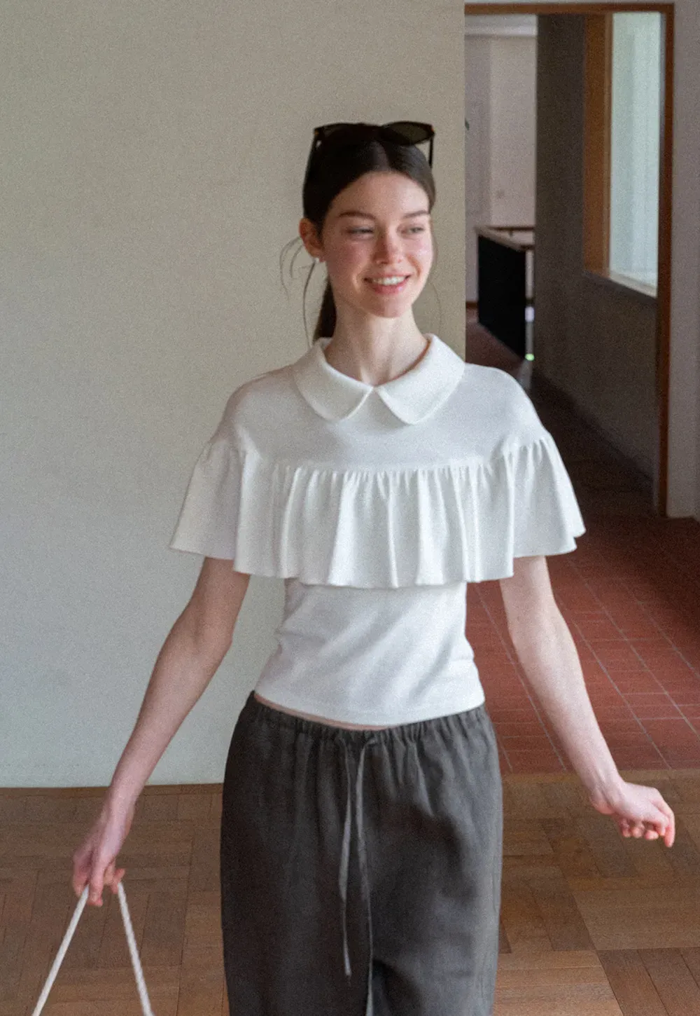 Pleated Collar Short Sleeve T Shirt
