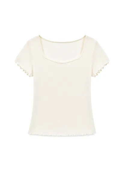 Scalloped Hem V Neck Short Sleeve Knit Tshirt