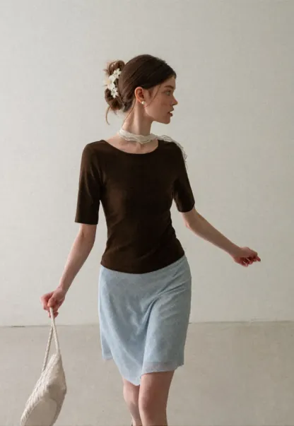 Cropped Ribbed Knit Short Sleeve Top