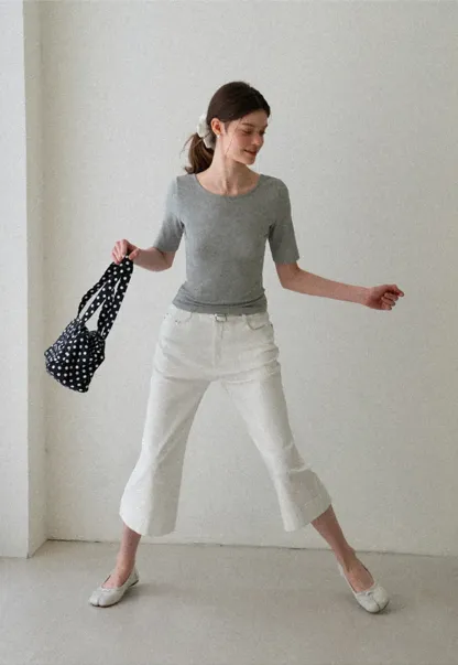 Cropped Ribbed Knit Short Sleeve Top