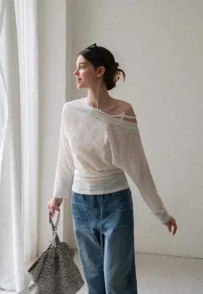 Asymmetrical Shoulder Knit Top Long Sleeve