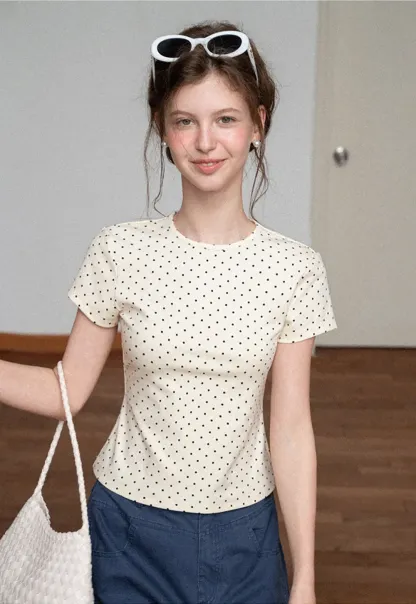 Polka Dot Print Short Sleeve Crew Neck T Shirt