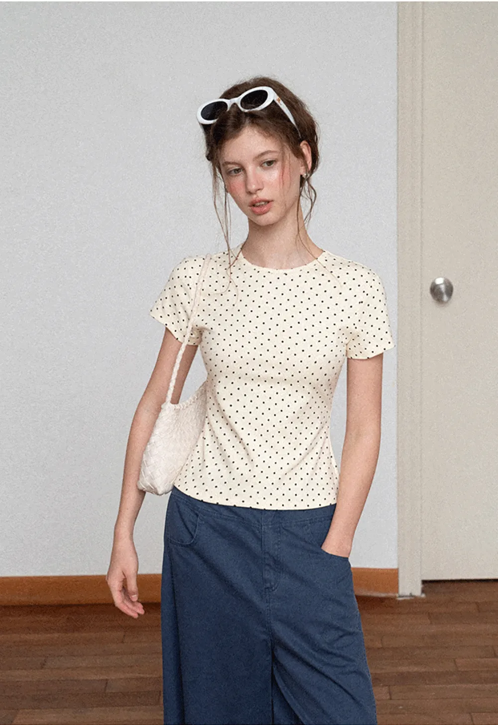 Polka Dot Print Short Sleeve Crew Neck T Shirt