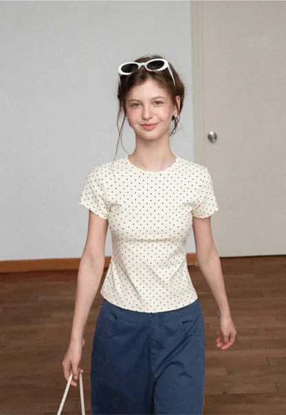 Polka Dot Print Short Sleeve Crew Neck T Shirt