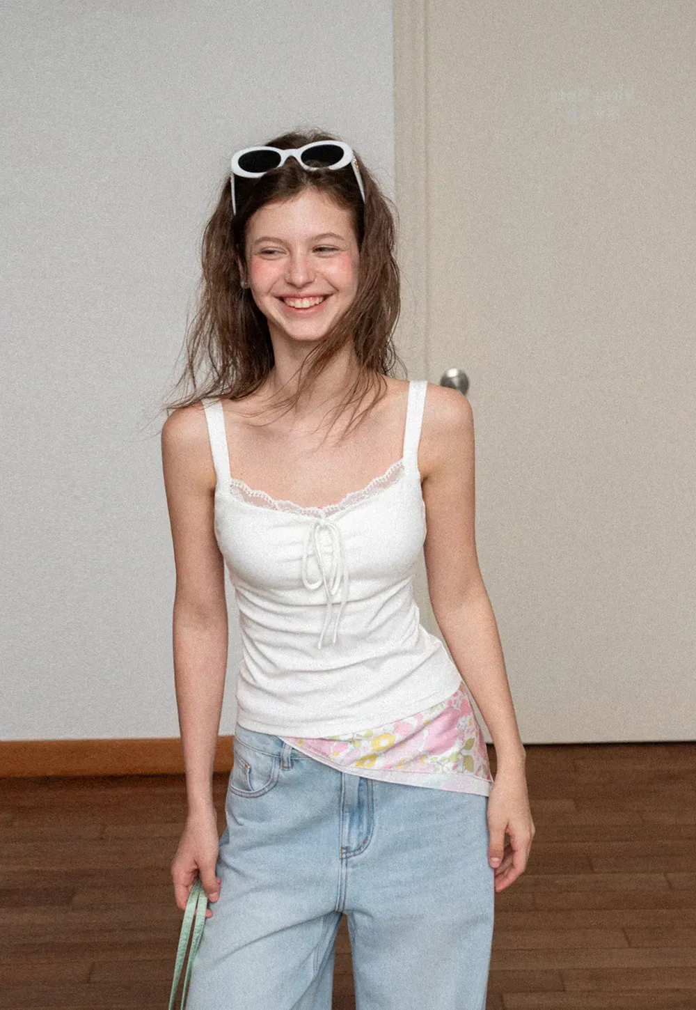 Lace Trim Drawstring Tank Top and Floral Hem T Shirt