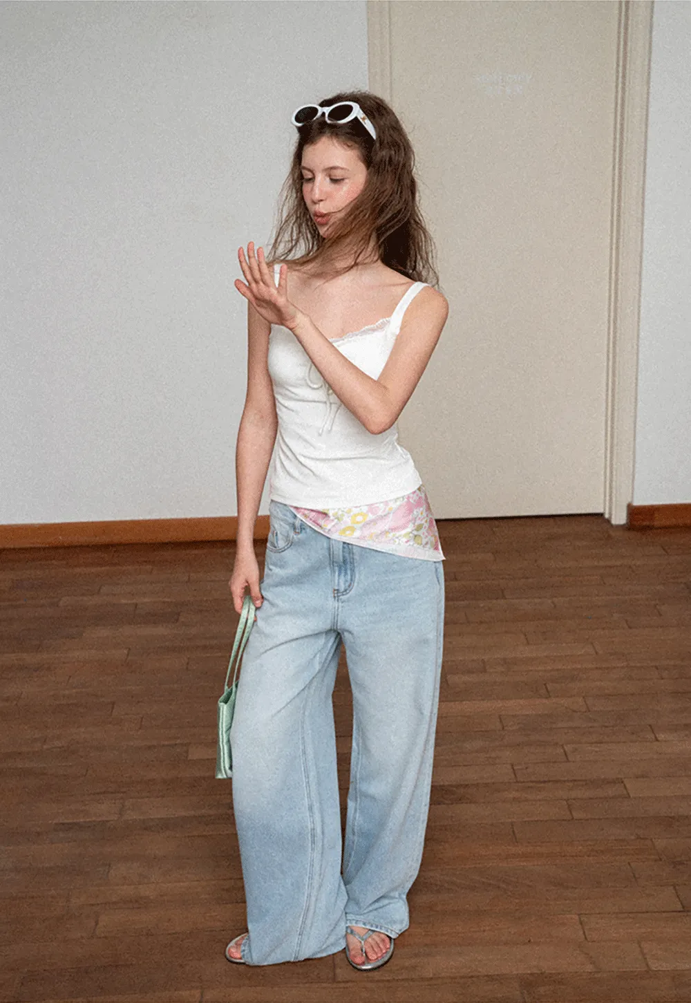 Lace Trim Drawstring Tank Top and Floral Hem T Shirt