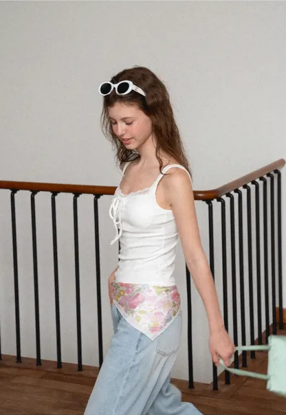 Lace Trim Drawstring Tank Top and Floral Hem T Shirt