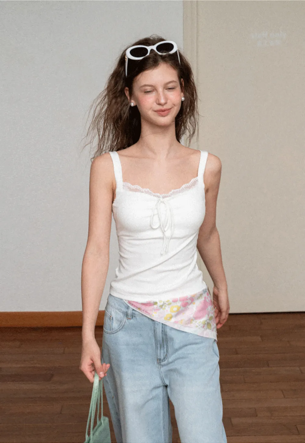 Lace Trim Drawstring Tank Top and Floral Hem T Shirt