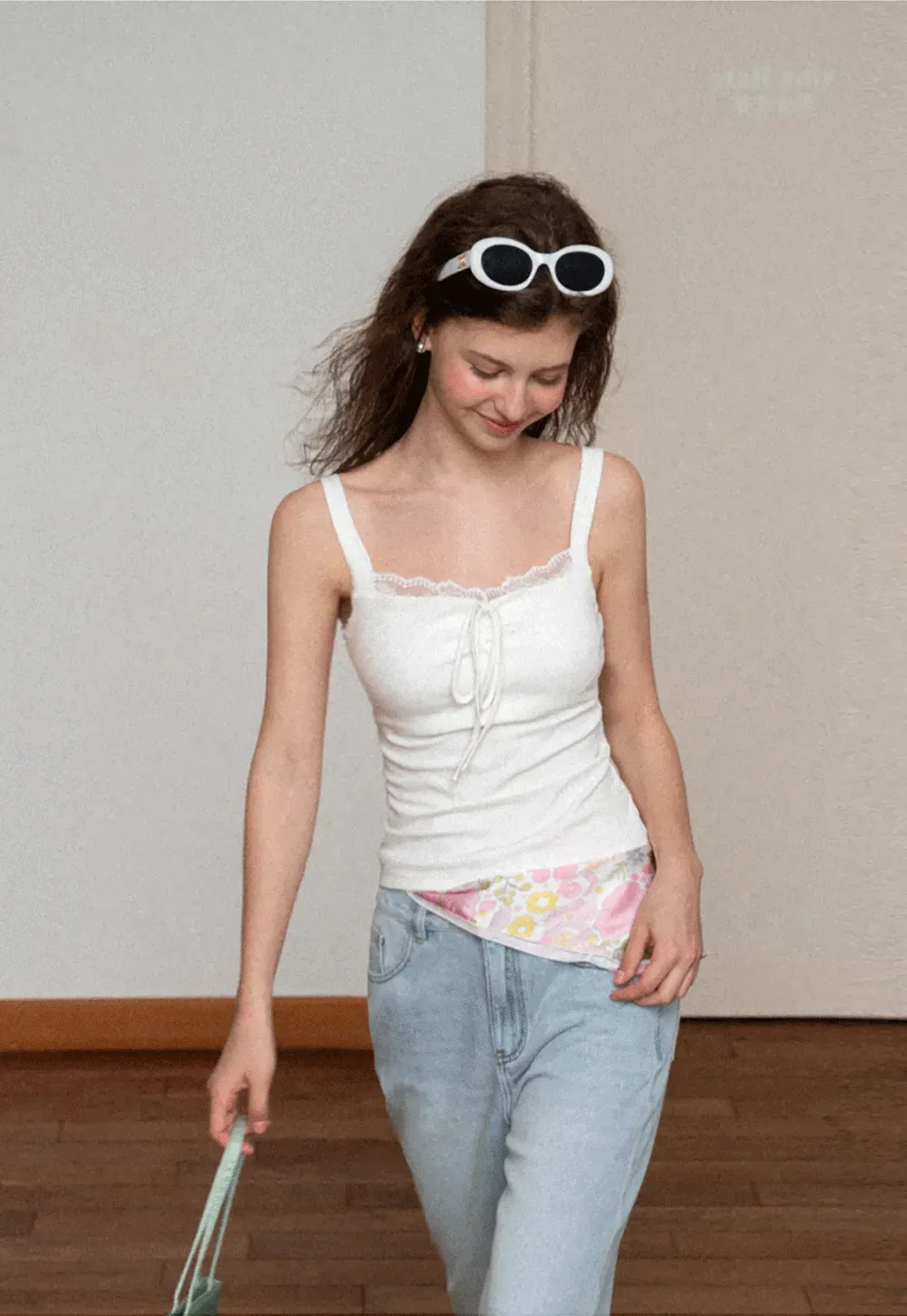 Lace Trim Drawstring Tank Top and Floral Hem T Shirt