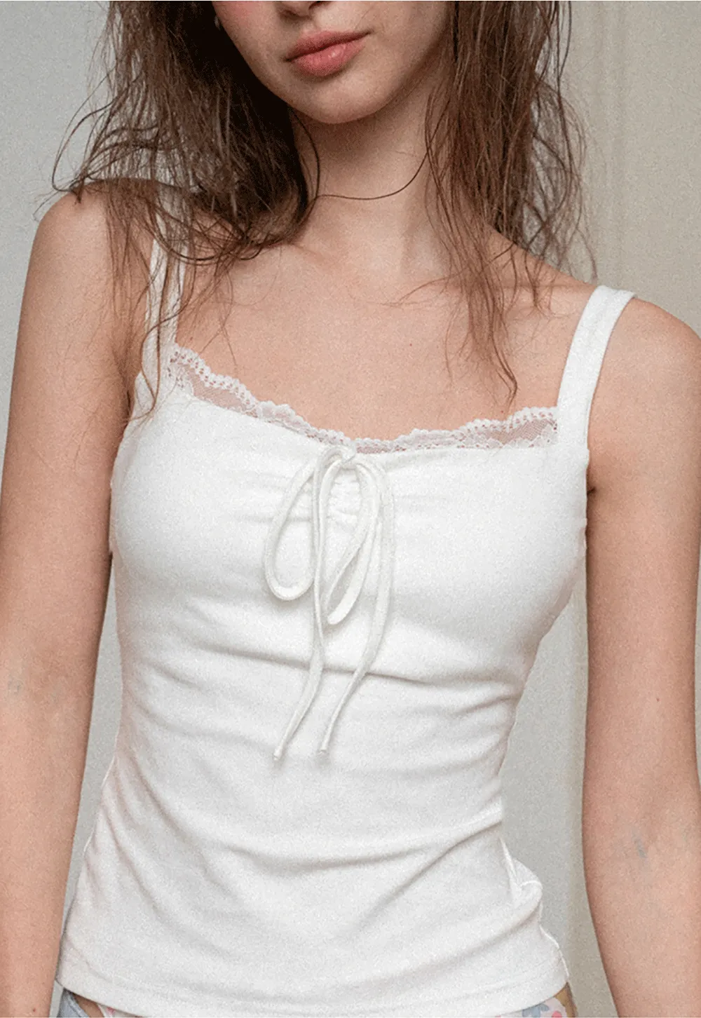 Lace Trim Drawstring Tank Top and Floral Hem T Shirt