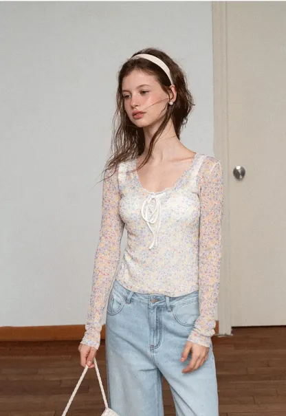 Lace Trim Drawstring Tank Top and Floral Hem T Shirt