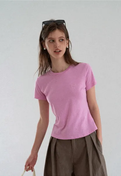 Embroidered Bow Detail Crew Neck Short Sleeve Tshirt