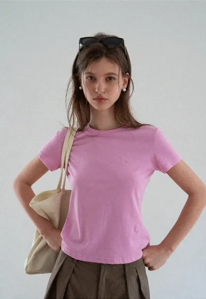Embroidered Bow Detail Crew Neck Short Sleeve Tshirt