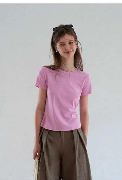 Embroidered Bow Detail Crew Neck Short Sleeve Tshirt
