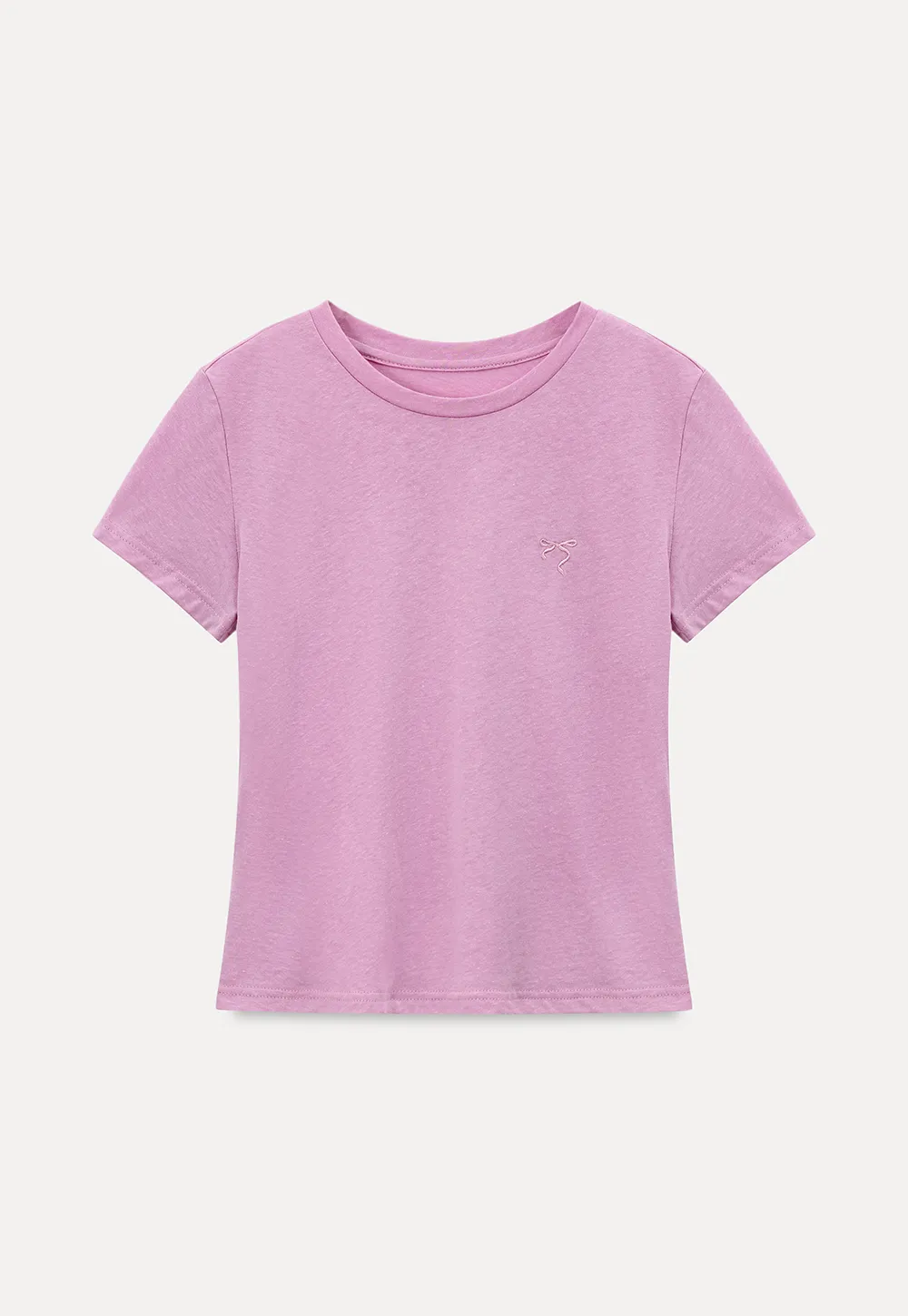 Embroidered Bow Detail Crew Neck Short Sleeve Tshirt