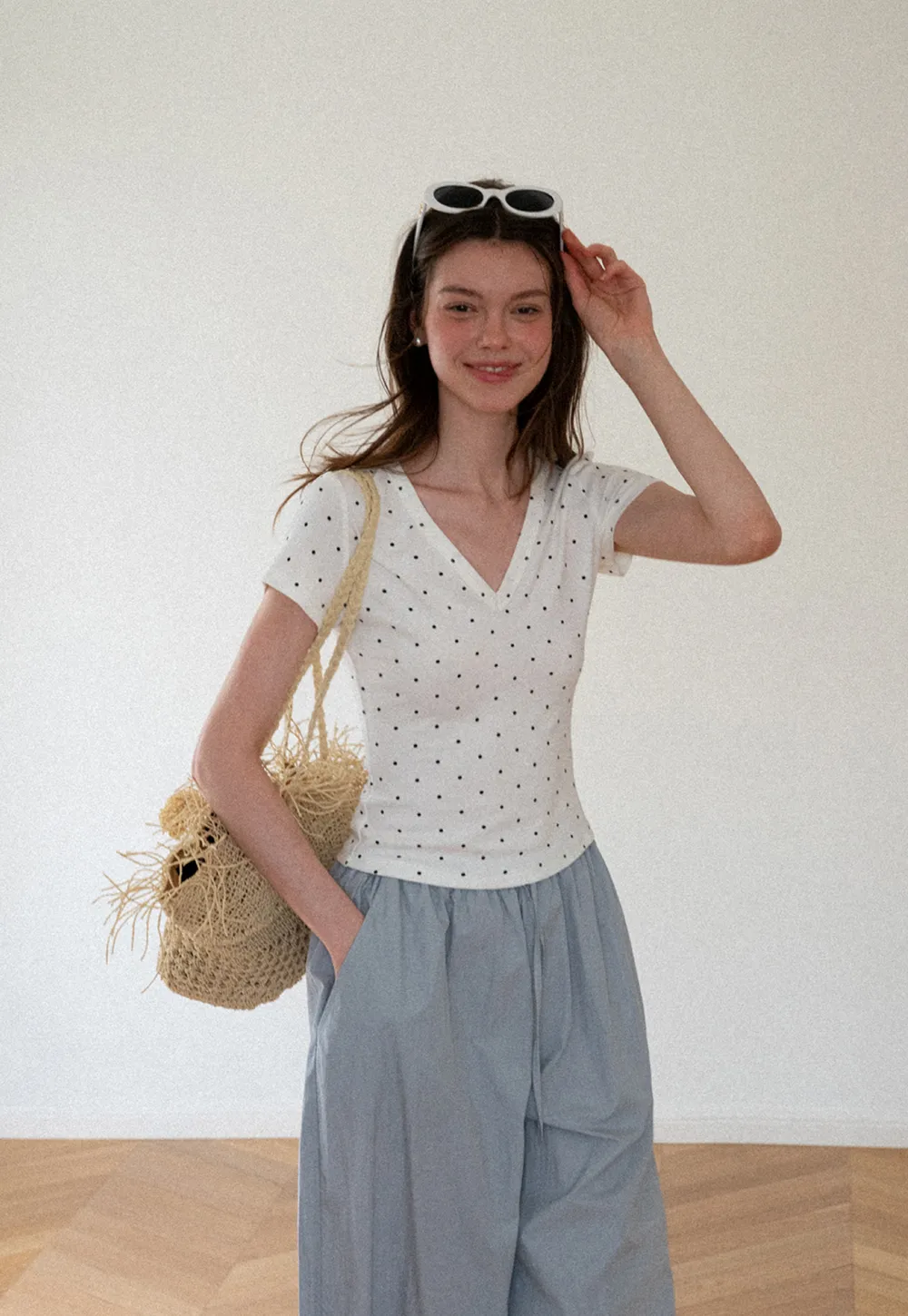 Polka Dot V Neck Short Sleeve T Shirt