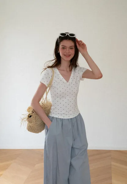 Polka Dot V Neck Short Sleeve T Shirt