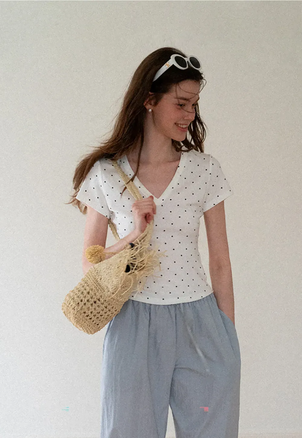 Polka Dot V Neck Short Sleeve T Shirt