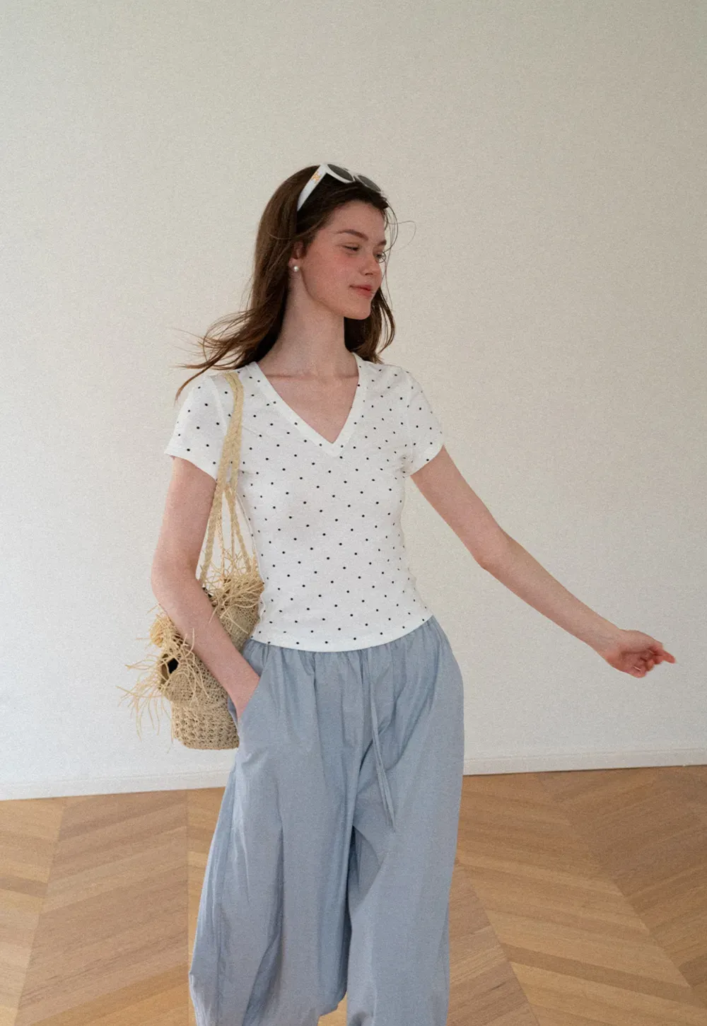 Polka Dot V Neck Short Sleeve T Shirt