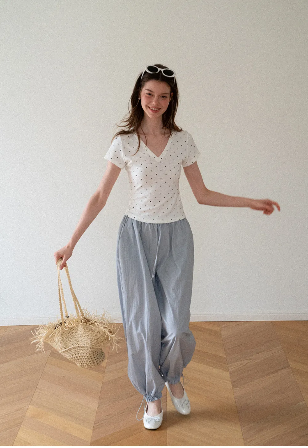 Polka Dot V Neck Short Sleeve T Shirt