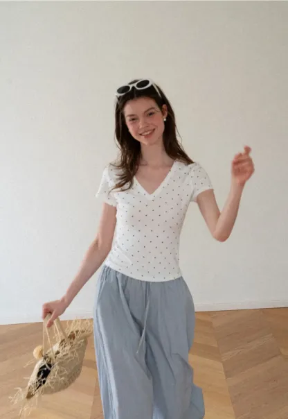 Polka Dot V Neck Short Sleeve T Shirt