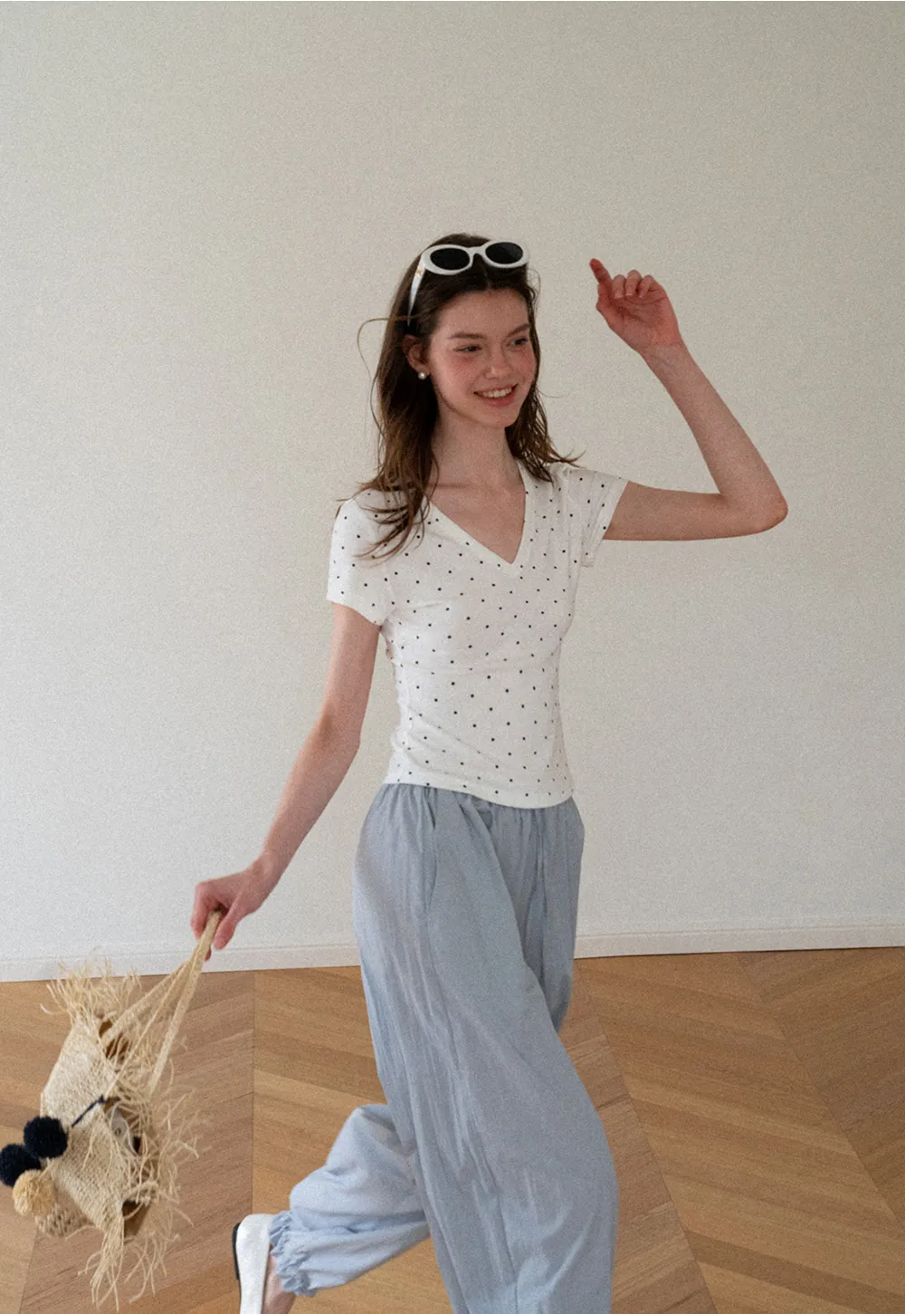 Polka Dot V Neck Short Sleeve T Shirt