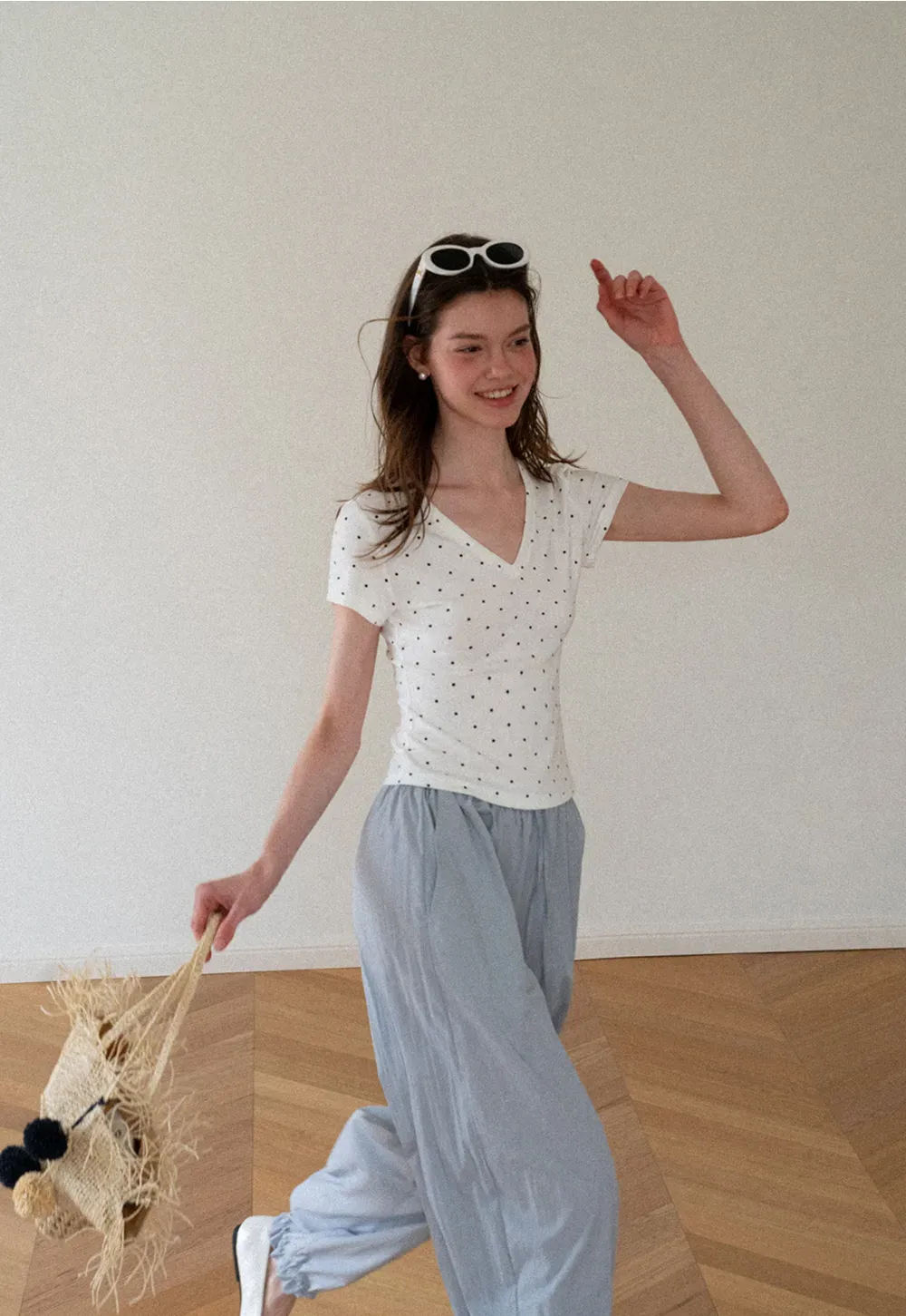 Polka Dot V Neck Short Sleeve T Shirt