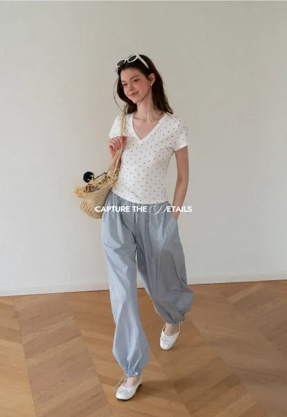 Polka Dot V Neck Short Sleeve T Shirt