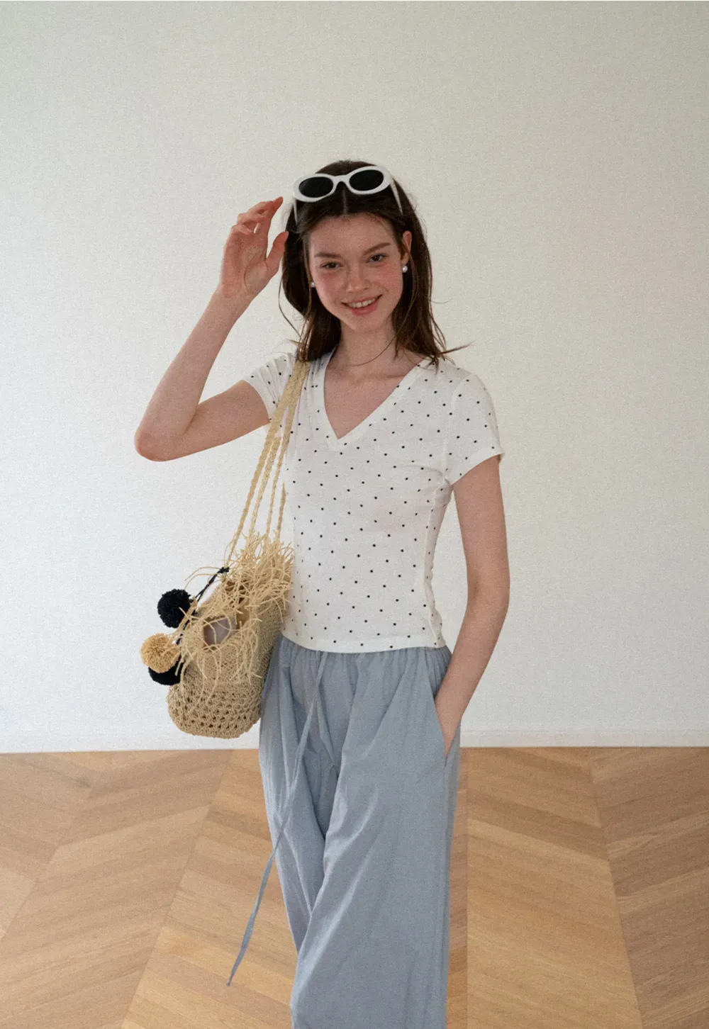 Polka Dot V Neck Short Sleeve T Shirt