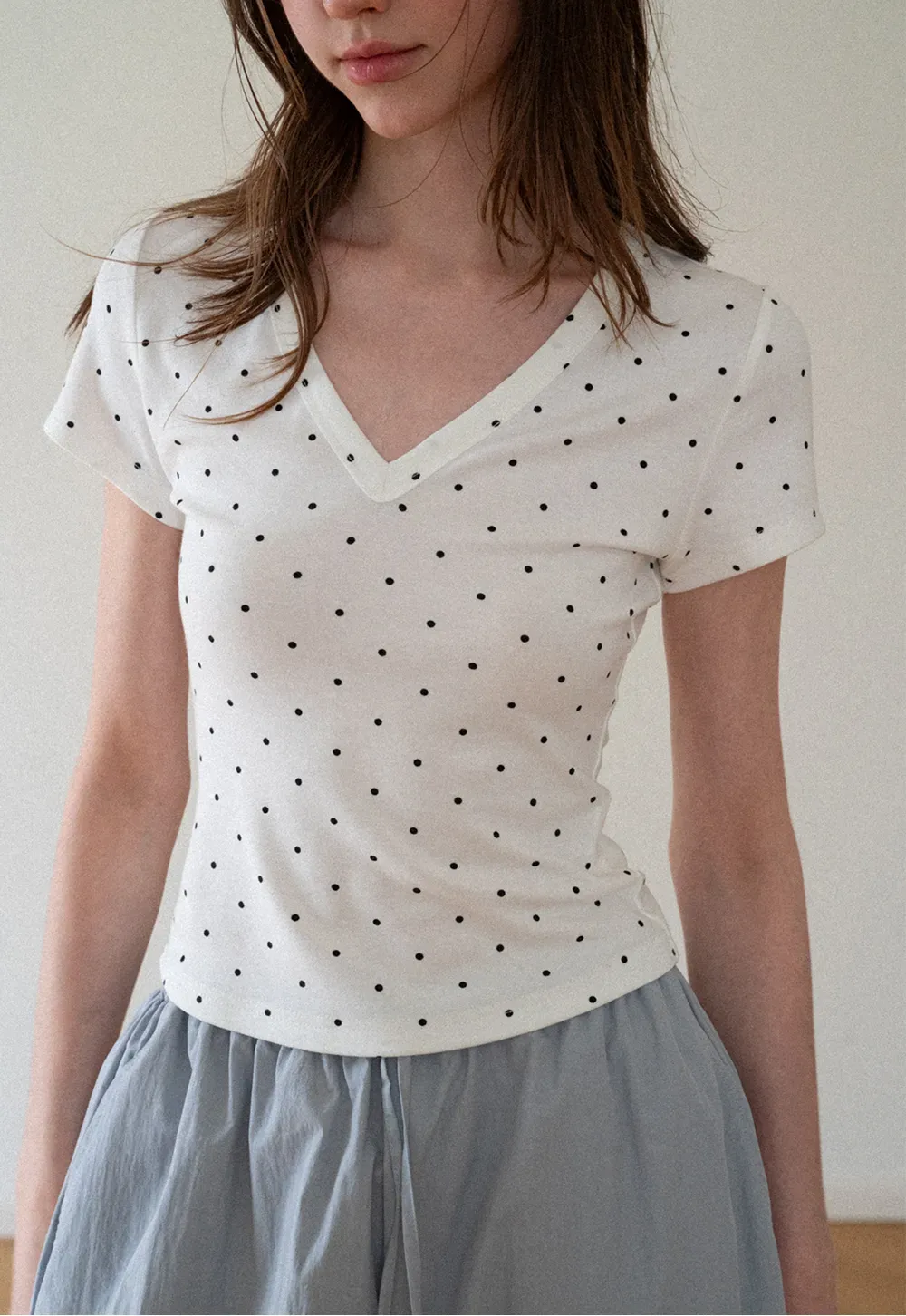 Polka Dot V Neck Short Sleeve T Shirt