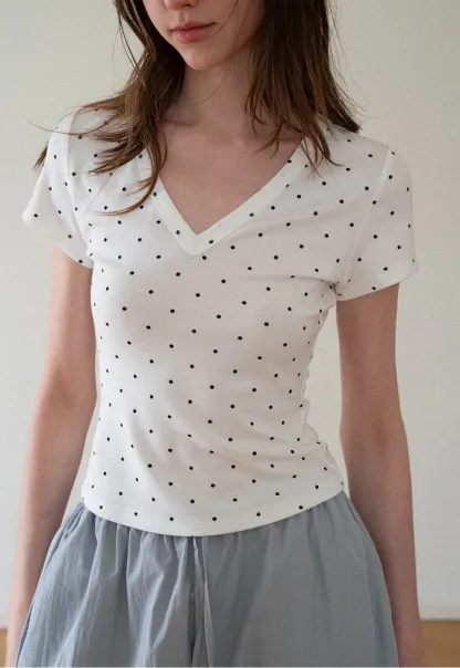 Polka Dot V Neck Short Sleeve T Shirt