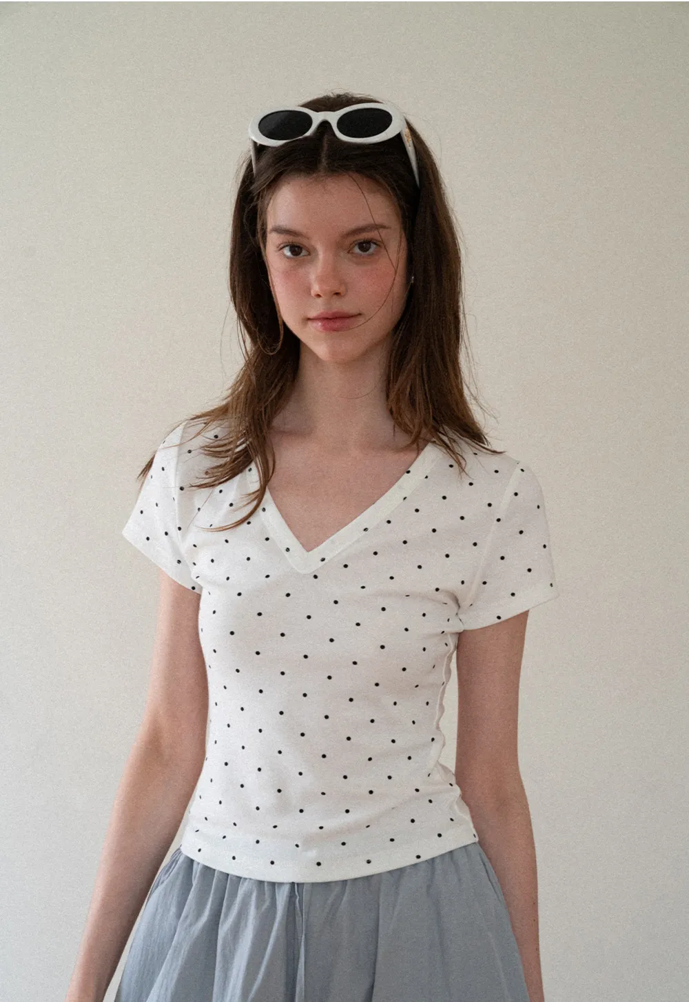 Polka Dot V Neck Short Sleeve T Shirt