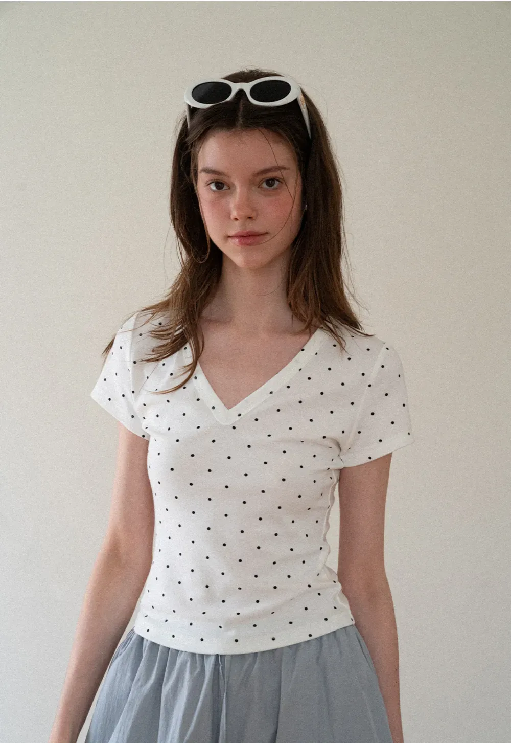 Polka Dot V Neck Short Sleeve T Shirt