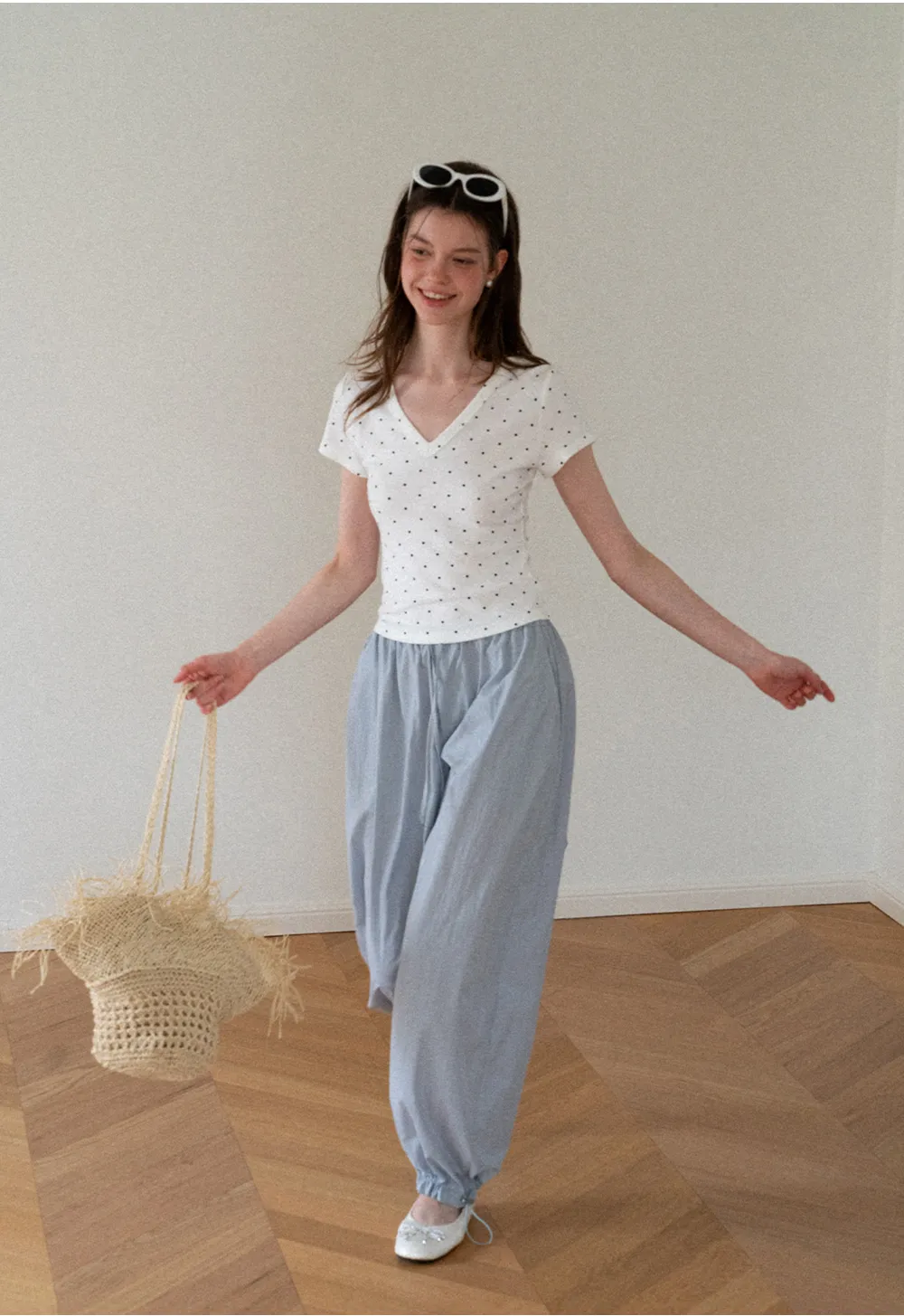 Polka Dot V Neck Short Sleeve T Shirt