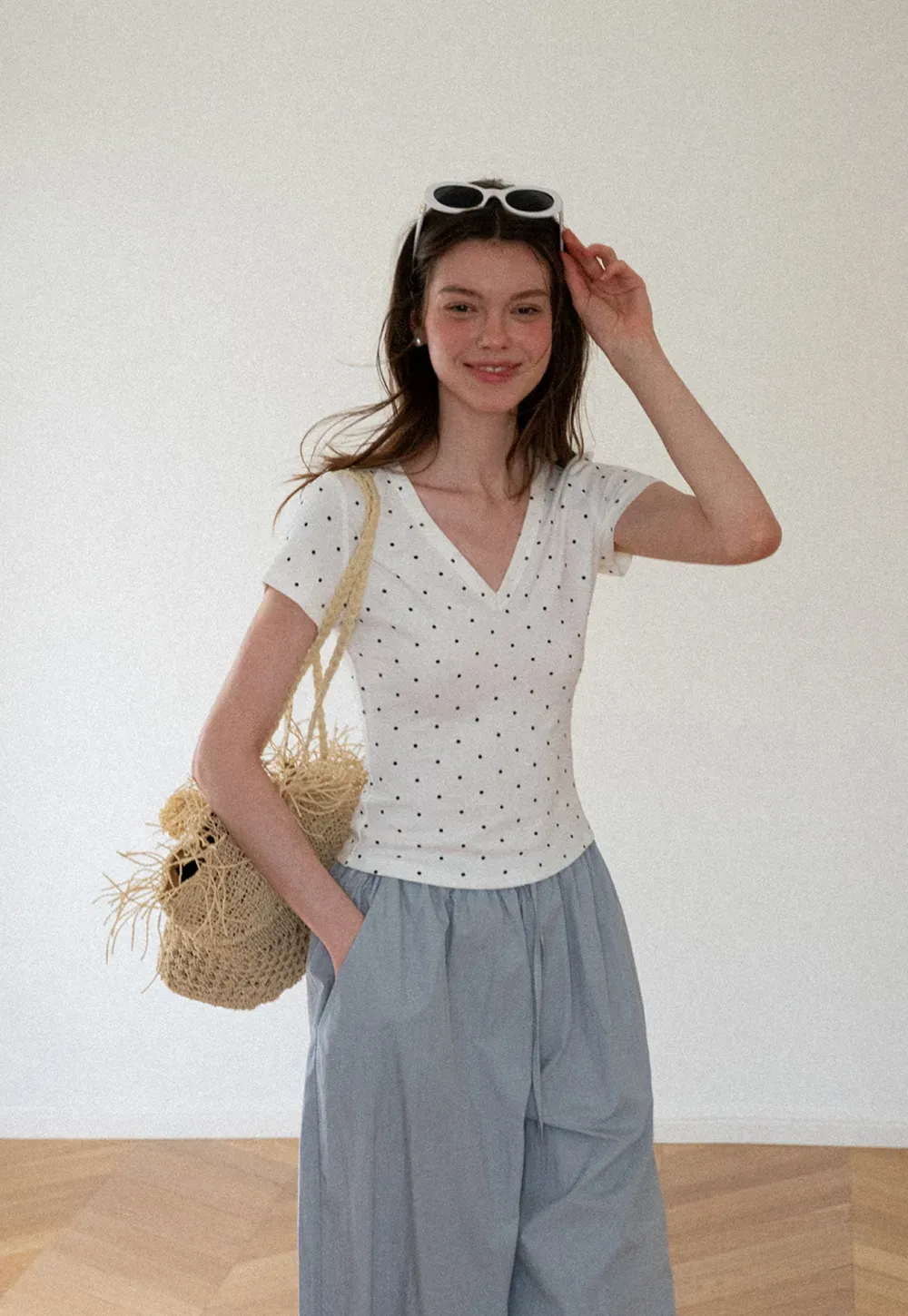 Polka Dot V Neck Short Sleeve T Shirt