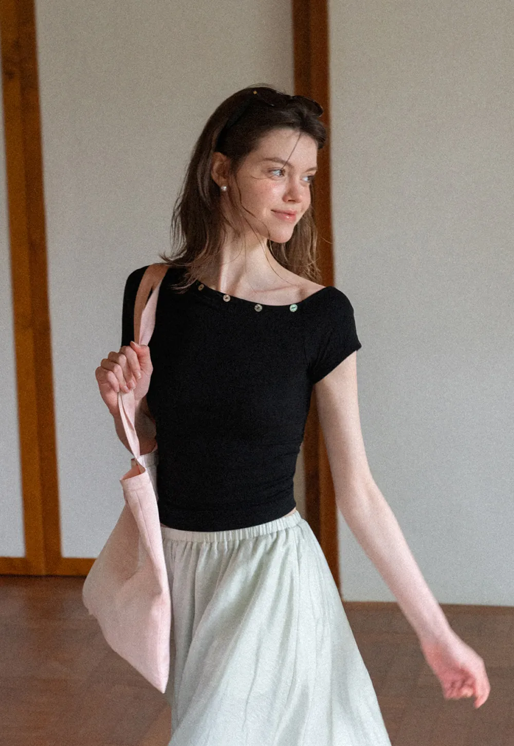 Cropped Short Sleeve Top With Button Detail Neckline