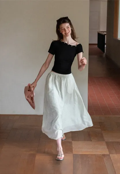 Cropped Short Sleeve Top With Button Detail Neckline