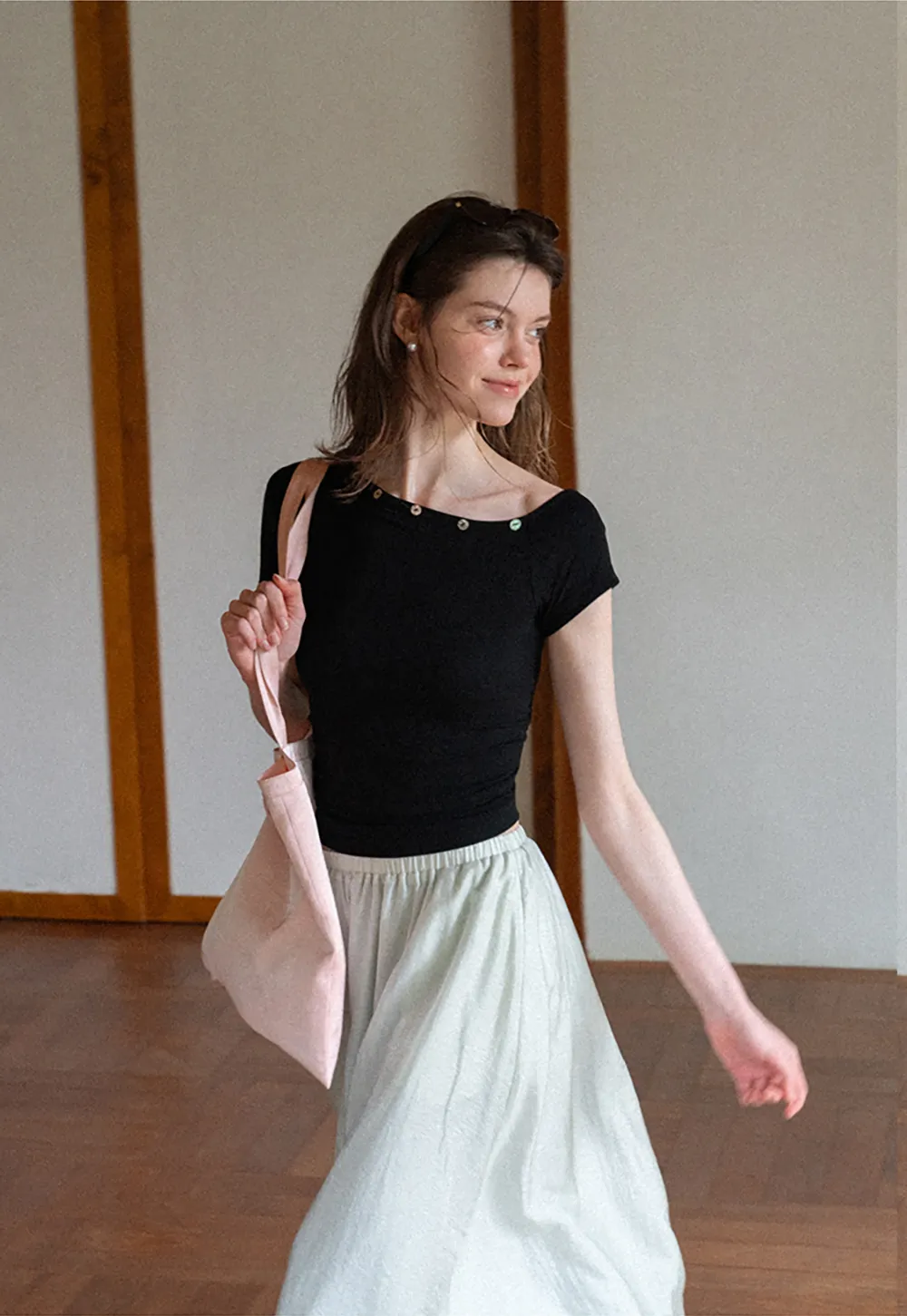 Cropped Short Sleeve Top With Button Detail Neckline