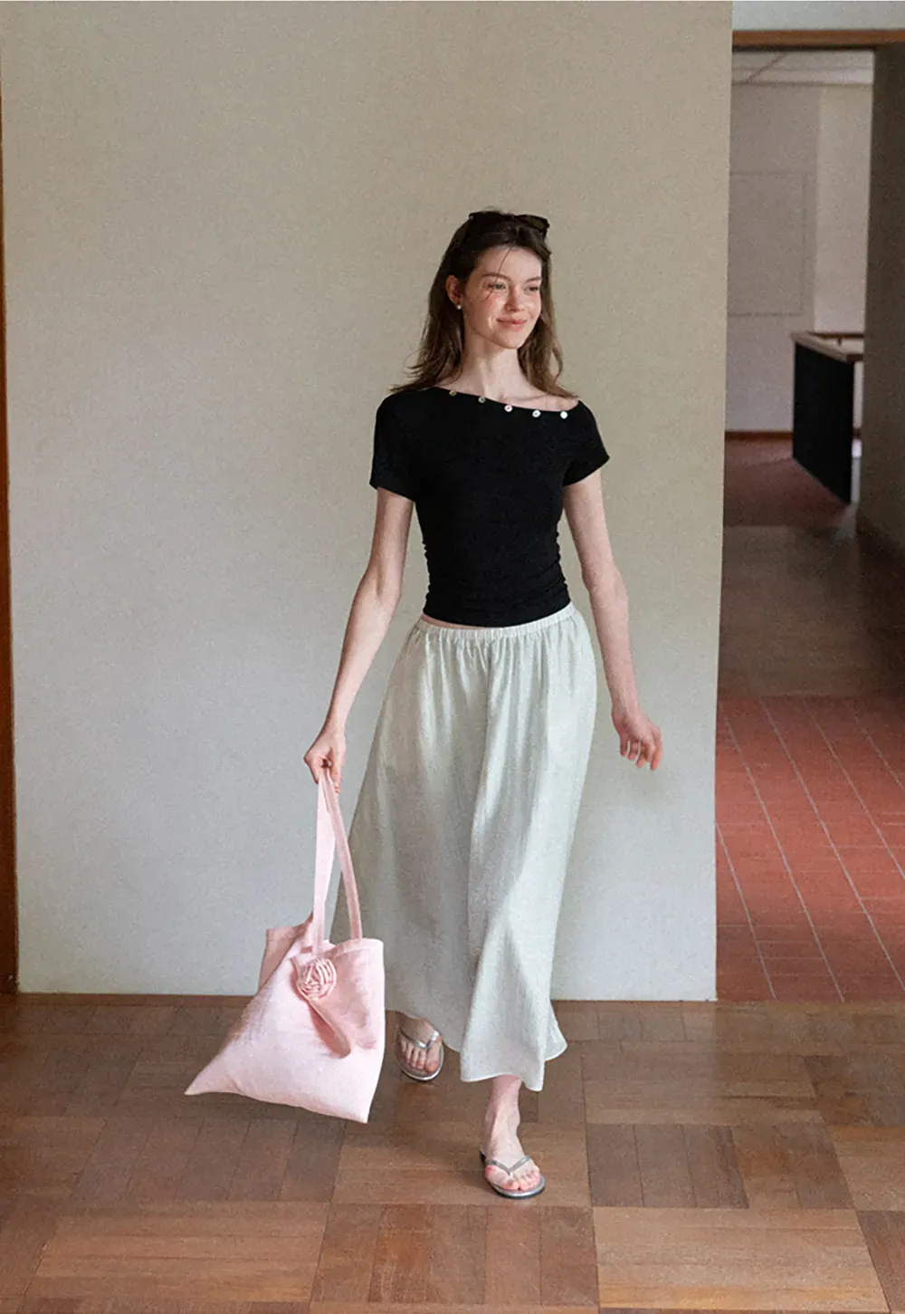 Cropped Short Sleeve Top With Button Detail Neckline